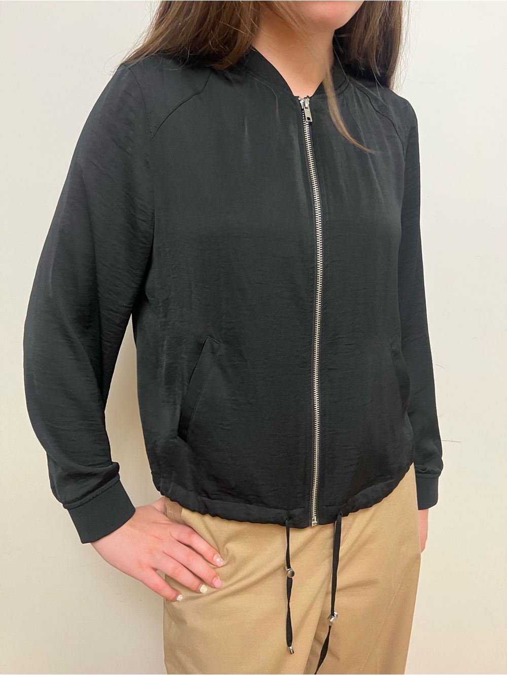 Chico's Black Satin Bomber Jacket Zip Up Lightweight Size 1 M